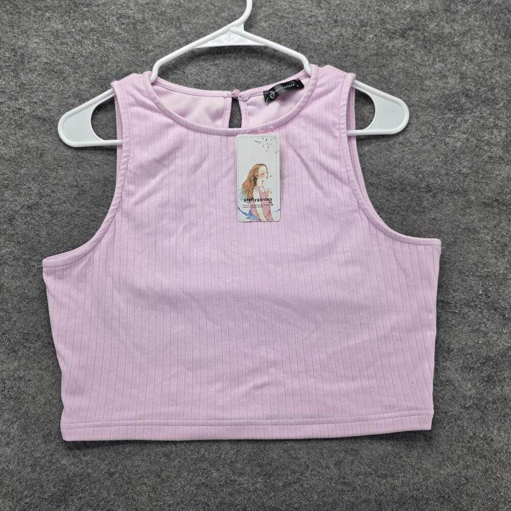 PRETTYGARDEN Tank Cropped Womens L Pink High Neck Button Lined Stretch Ribbed